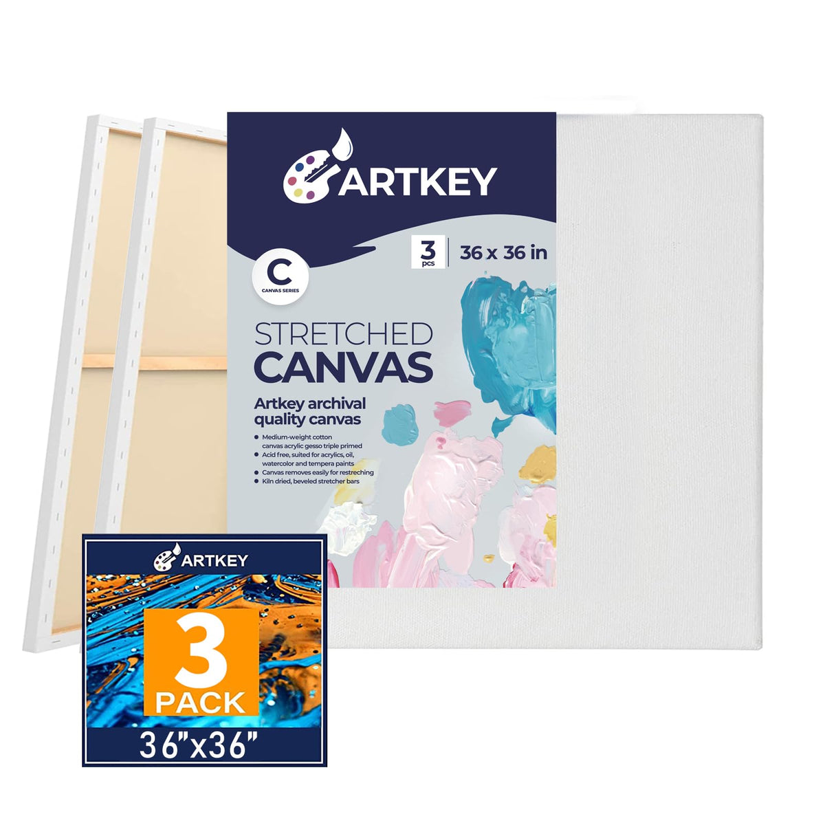 Gallery Wrapped Stretched Canvases for Painting 10x10 Inch 3-Pack, 16 oz Triple Primed Acid-Free 100% Cotton Blank Canvas, Square Spline Canvas for Oil Paint Acrylics Pouring & Wet Art Media