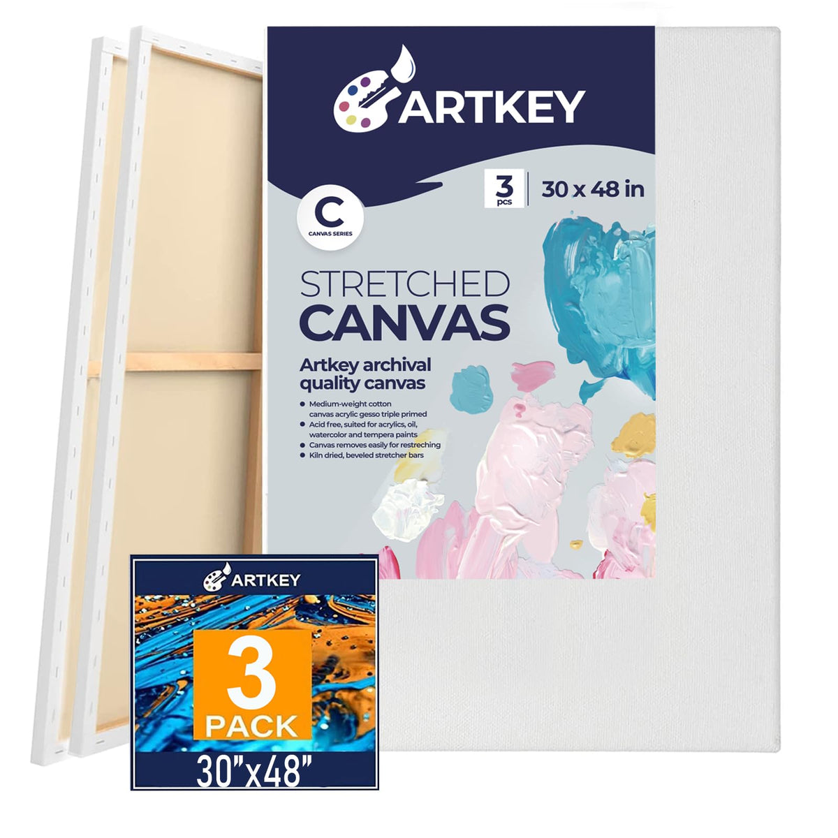 Gallery Wrapped Stretched Canvases for Painting 10x10 Inch 3-Pack, 16 oz Triple Primed Acid-Free 100% Cotton Blank Canvas, Square Spline Canvas for Oil Paint Acrylics Pouring & Wet Art Media