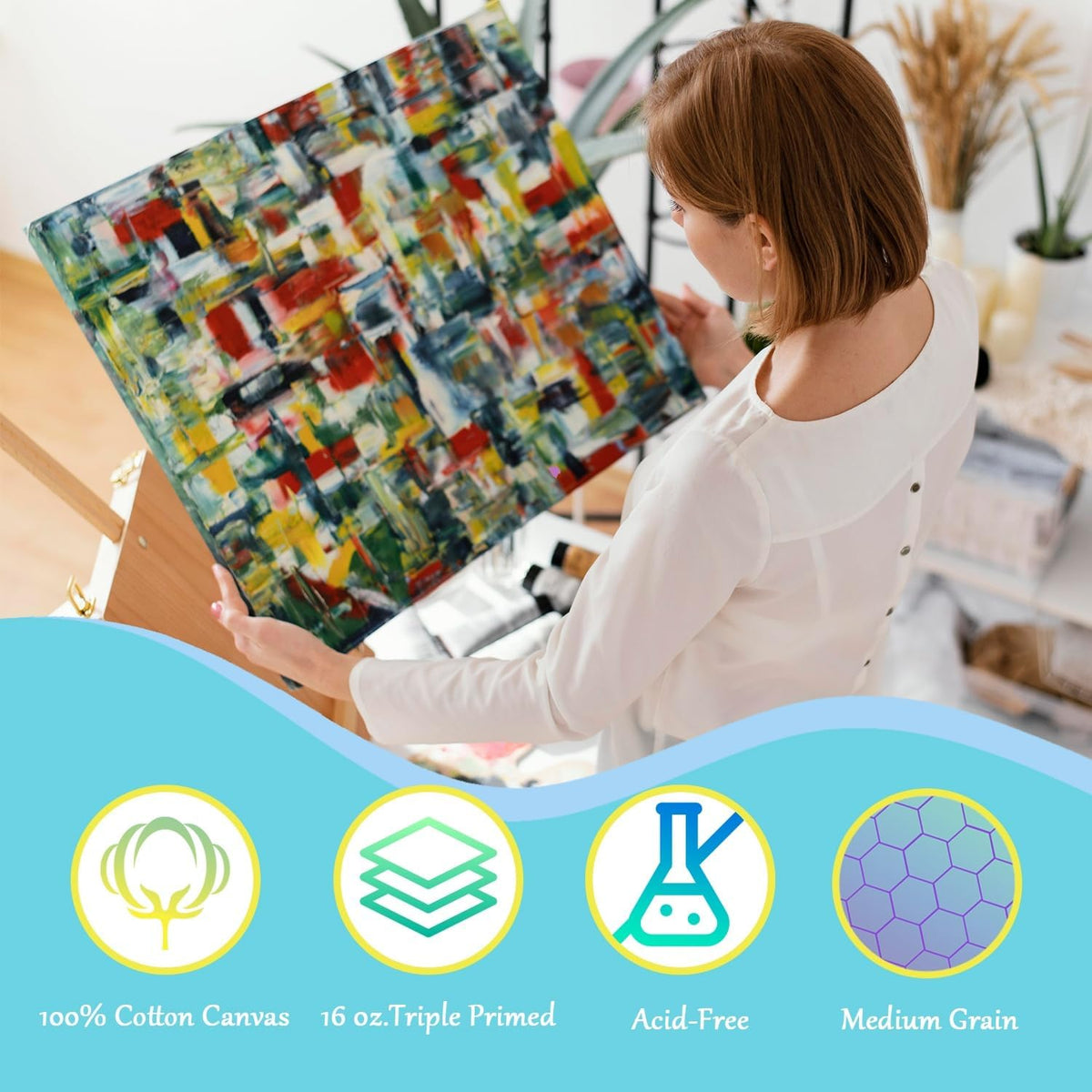 Gallery Wrapped Stretched Canvases for Painting 10x10 Inch 3-Pack, 16 oz Triple Primed Acid-Free 100% Cotton Blank Canvas, Square Spline Canvas for Oil Paint Acrylics Pouring & Wet Art Media
