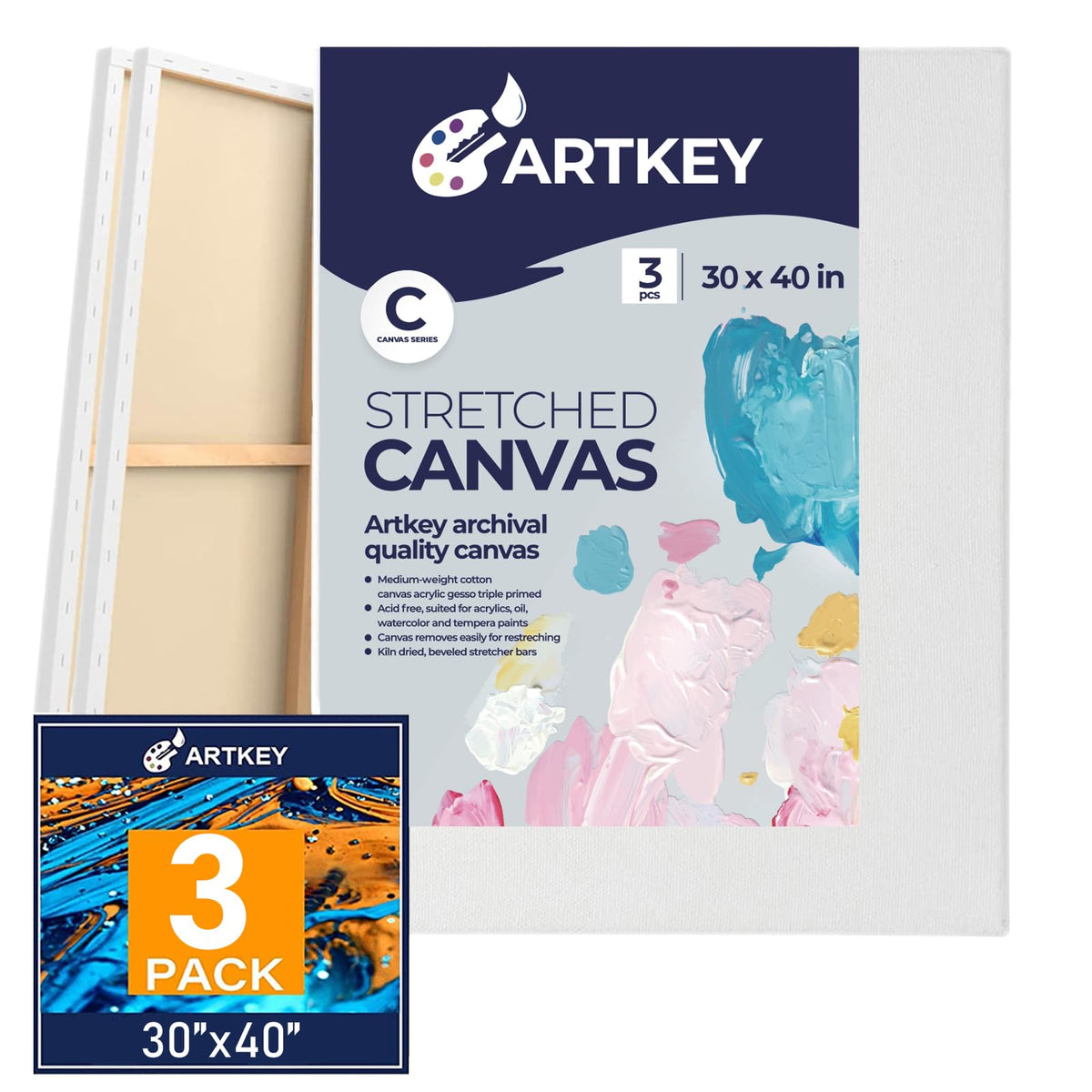 Gallery Wrapped Stretched Canvases for Painting 10x10 Inch 3-Pack, 16 oz Triple Primed Acid-Free 100% Cotton Blank Canvas, Square Spline Canvas for Oil Paint Acrylics Pouring & Wet Art Media