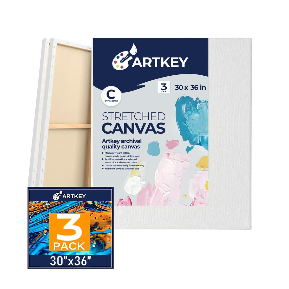 Gallery Wrapped Stretched Canvases for Painting 10x10 Inch 3-Pack, 16 oz Triple Primed Acid-Free 100% Cotton Blank Canvas, Square Spline Canvas for Oil Paint Acrylics Pouring & Wet Art Media