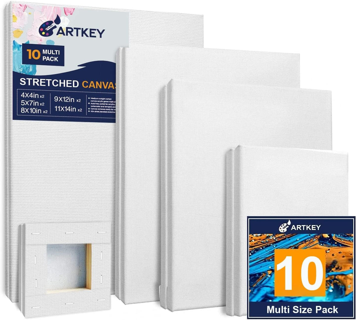 Gallery Wrapped Stretched Canvases for Painting 10x10 Inch 3-Pack, 16 oz Triple Primed Acid-Free 100% Cotton Blank Canvas, Square Spline Canvas for Oil Paint Acrylics Pouring & Wet Art Media