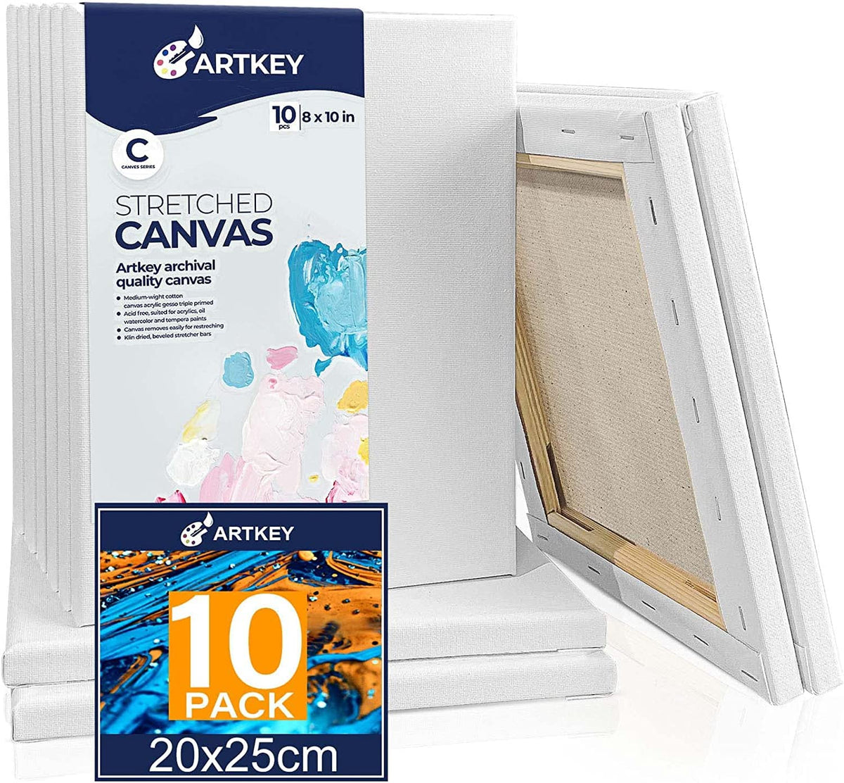 Gallery Wrapped Stretched Canvases for Painting 10x10 Inch 3-Pack, 16 oz Triple Primed Acid-Free 100% Cotton Blank Canvas, Square Spline Canvas for Oil Paint Acrylics Pouring & Wet Art Media