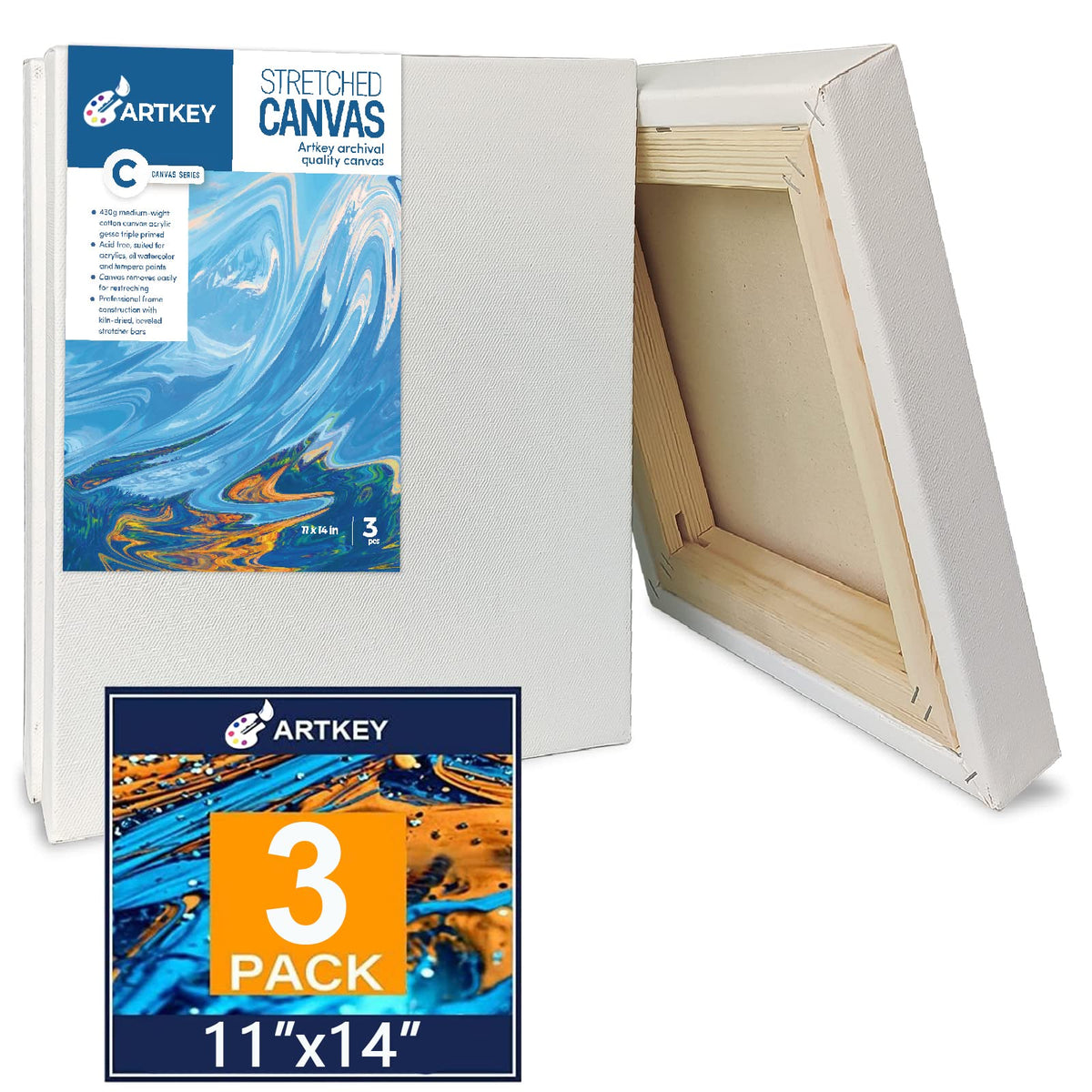 Gallery Wrapped Stretched Canvases for Painting 10x10 Inch 3-Pack, 16 oz Triple Primed Acid-Free 100% Cotton Blank Canvas, Square Spline Canvas for Oil Paint Acrylics Pouring & Wet Art Media
