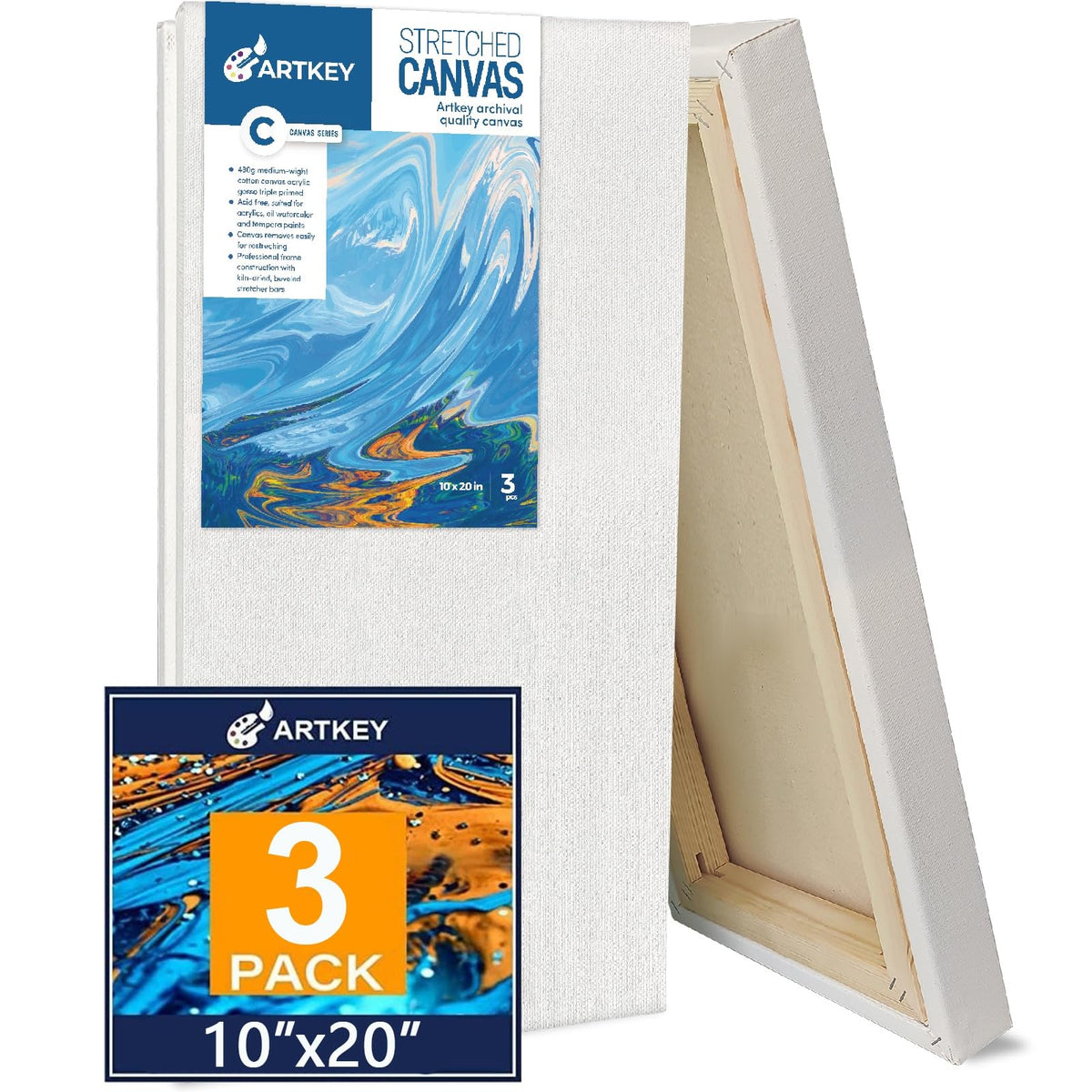 Gallery Wrapped Stretched Canvases for Painting 10x10 Inch 3-Pack, 16 oz Triple Primed Acid-Free 100% Cotton Blank Canvas, Square Spline Canvas for Oil Paint Acrylics Pouring & Wet Art Media